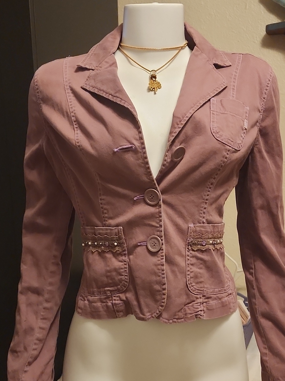 RARE Plugg Vintage Y2K Mauve Fitted Blazer Lace Trim Pocket Jacket Size S